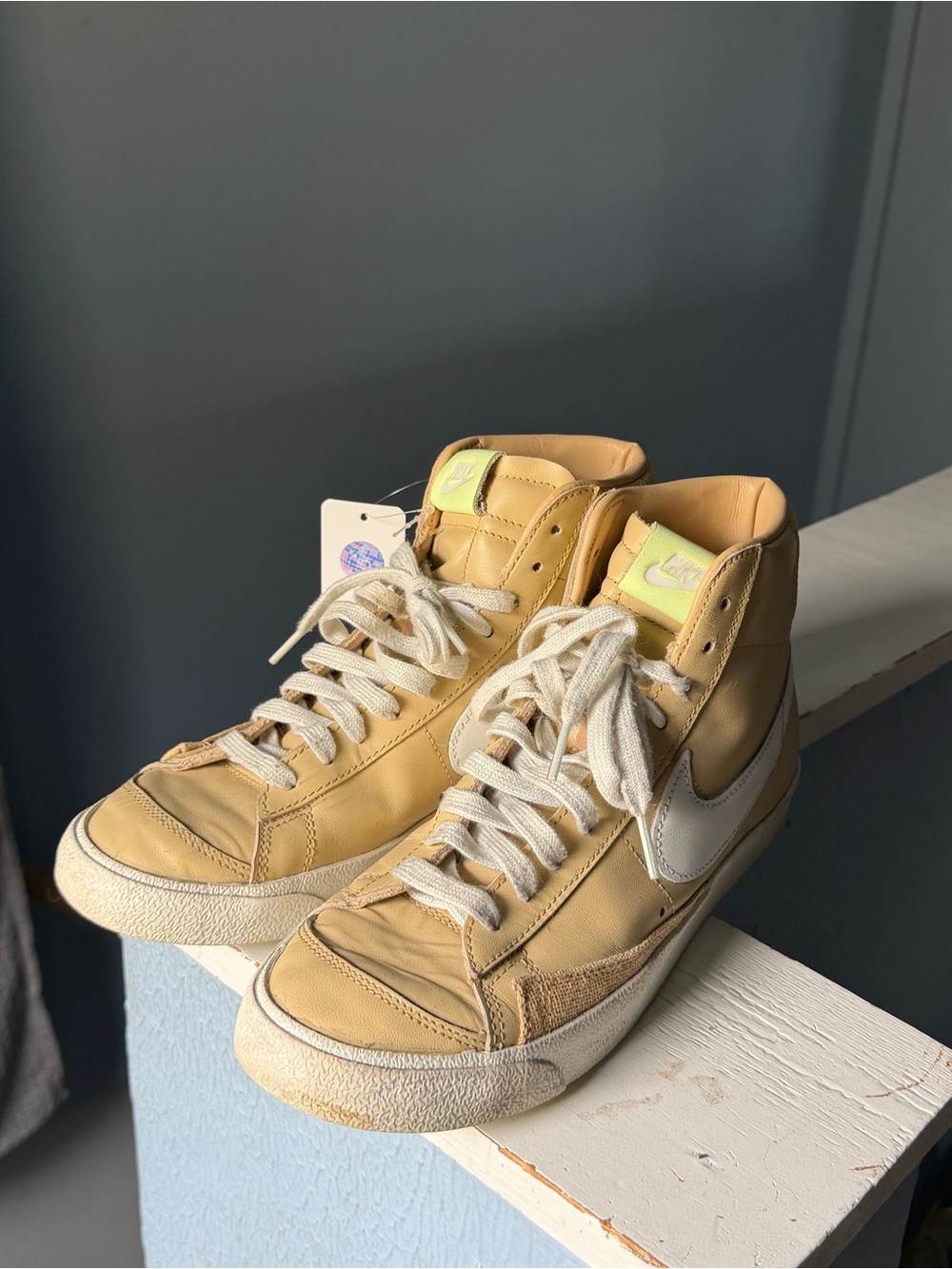 Nike Blazer Mid ‘77 White and Tan Sneakers with Neon Accents